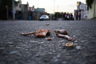 Close-up of broken doll on road