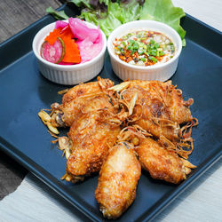 High angle view of seafood in plate on table