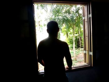 Rear view of silhouette man looking through window