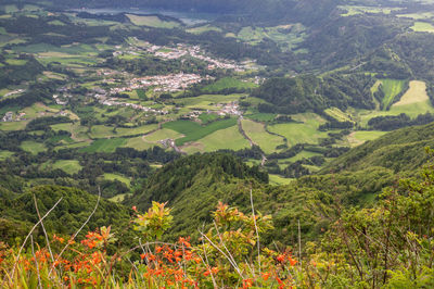 High angle view of town furnas on sao miguel island, azores, portugal 