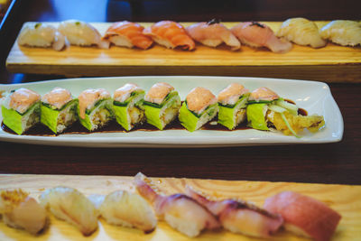 Close-up of sushi served on table