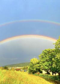 Scenic view of field against rainbow in sky