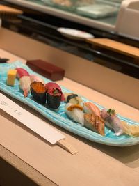 High angle view of food in plate on table