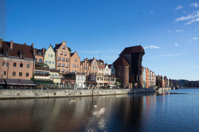 River by town against clear blue sky