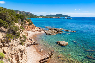 Scenic view of bay against clear sky