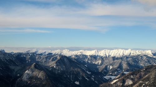 Scenic view of snowcapped mountains against sky