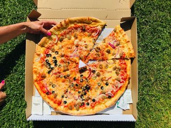 High angle view of pizza on table