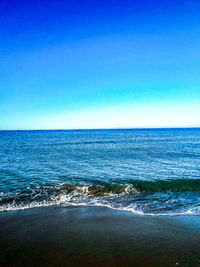 Scenic view of sea against clear blue sky