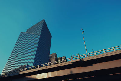 Low angle view of modern building against clear blue sky