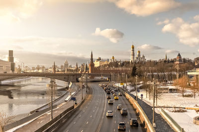 City view of the moskva river and the kremlin in winter.tourism in russia.