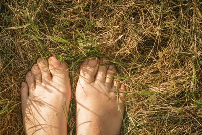 Women's feet on dry grass close-up. hay. feet of a russian village girl on the grass. rustic concept