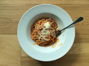 Directly above shot of noodles served in plate