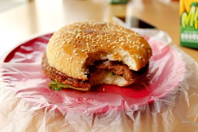 Close-up of hamburger in plate