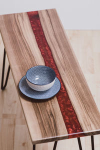 High angle view of hat on table