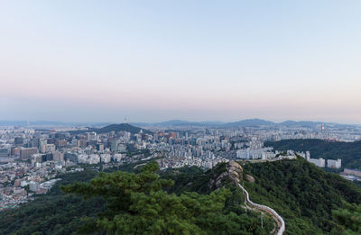 High angle view of townscape against clear sky