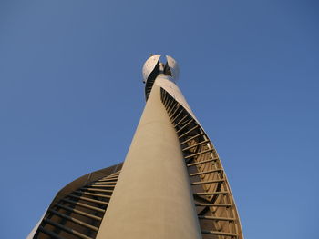 Low angle view of modern building against blue sky