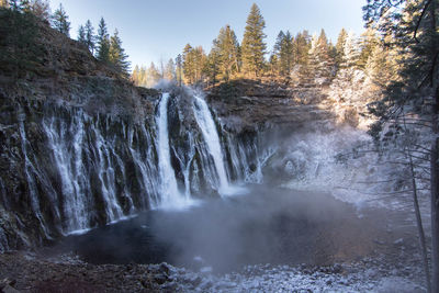 Scenic view of waterfall in forest against clear sky