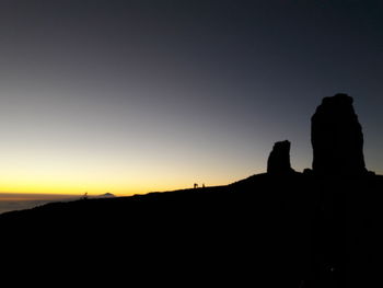 Scenic view of silhouette mountain against clear sky during sunset