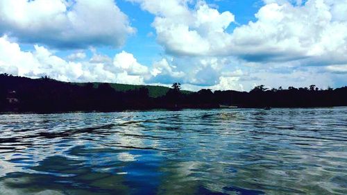 Scenic view of lake against cloudy sky