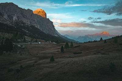 Scenic view of mountains against sky during sunset