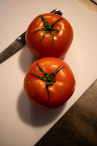 High angle view of tomatoes on table