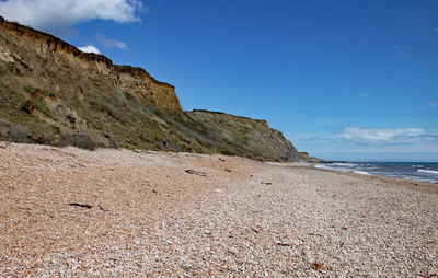 Scenic view of beach against blue sky