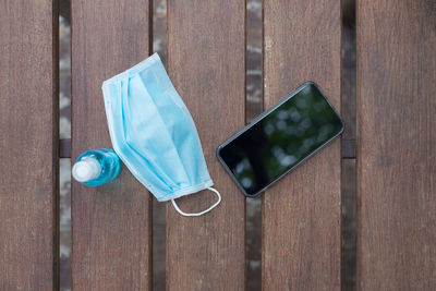High angle view of bottle on table