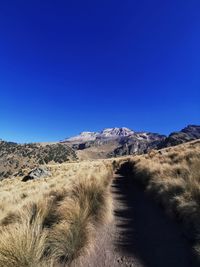 Scenic view of landscape against clear blue sky