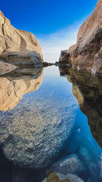 Rock formations in sea against sky