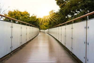 Narrow footbridge along plants and trees against sky