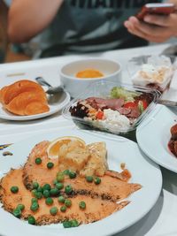 Close-up of food served on table