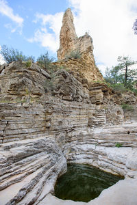 Low angle view of rock formation against sky