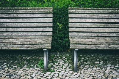 High angle view of bench in park