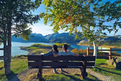 Rear view of couple sitting on bench by tree against mountains