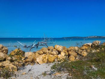 Scenic view of sea against clear blue sky