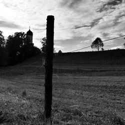 Trees on field against cloudy sky