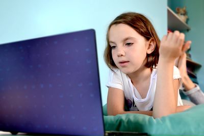 Girl student online learning class study online video call zoom teacher