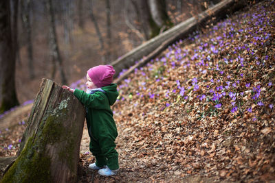 Rear view of child on purple flowering plant