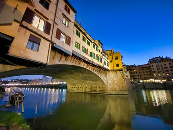 Arch bridge over river against buildings in city