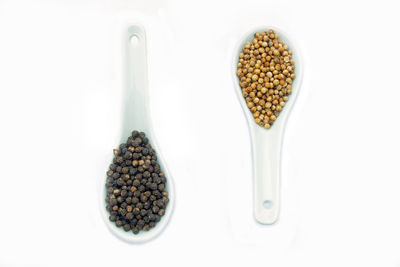 High angle view of bread in plate against white background