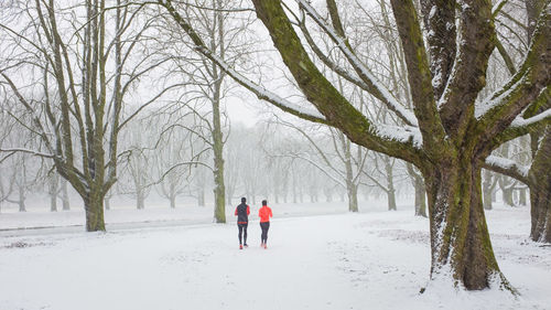 Rear view of people walking on snow covered landscape