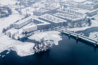 High angle view of cityscape during winter