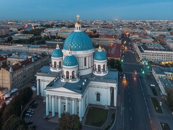 Close up aerial view on trinity cathedral in saint petersburg. blue dome with golden cross and stars