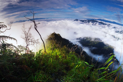 Scenic view of sea and mountains against sky