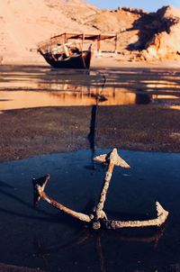 High angle view of old ship moored on shore