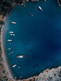 High angle view of boats moored on beach