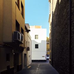 Narrow alley amidst buildings against clear sky