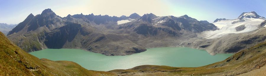 Panoramic view of lake and mountains against clear sky