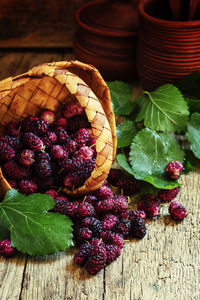 High angle view of strawberries in basket on table