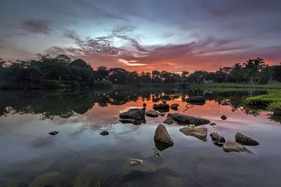 Scenic view of lake against sky during sunset